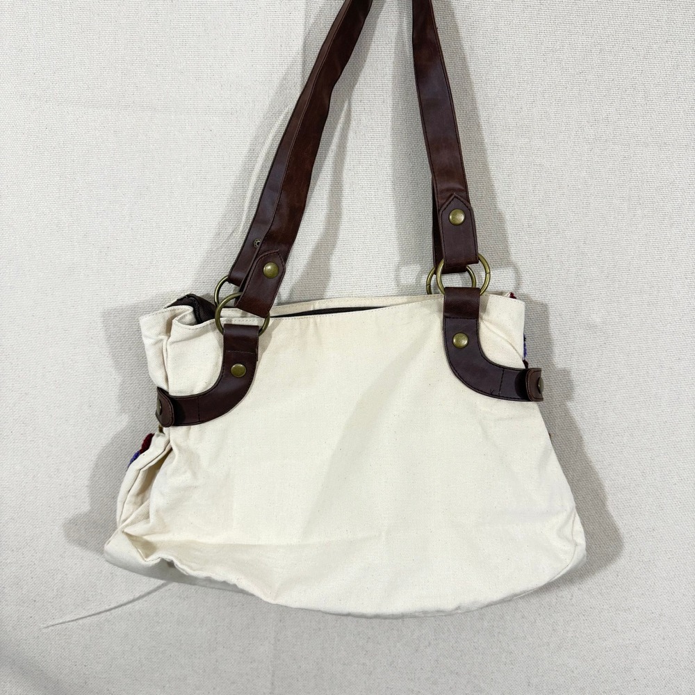 Magnolia Canvas Shoulder Bag‎ Embroidered Floral Butterfly Boho Cream Brown - Picture 3 of 6